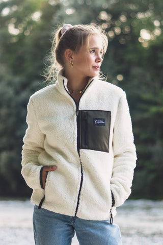 Unisex Sherpa Fleecejacke mit Reißverschluss Olive, Weiß, Cream