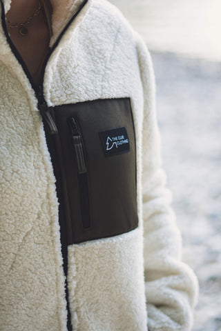 Unisex Sherpa Fleecejacke mit Reißverschluss Olive, Weiß, Cream