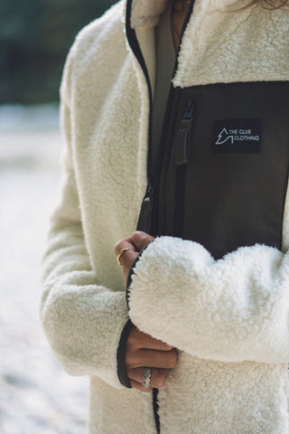 Unisex Sherpa Fleecejacke mit Reißverschluss Olive, Weiß, Cream