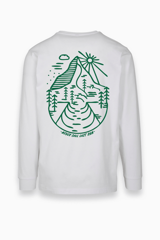 Weißer Longsleeve für Sie und Ihn mit grünem Backprint von The Clue Clothing.